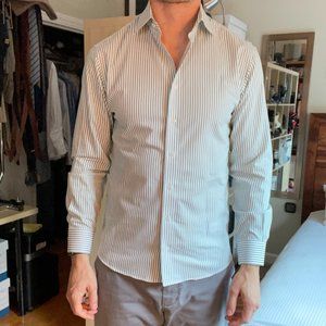 White cotton twill with green stripe long sleeve shirt